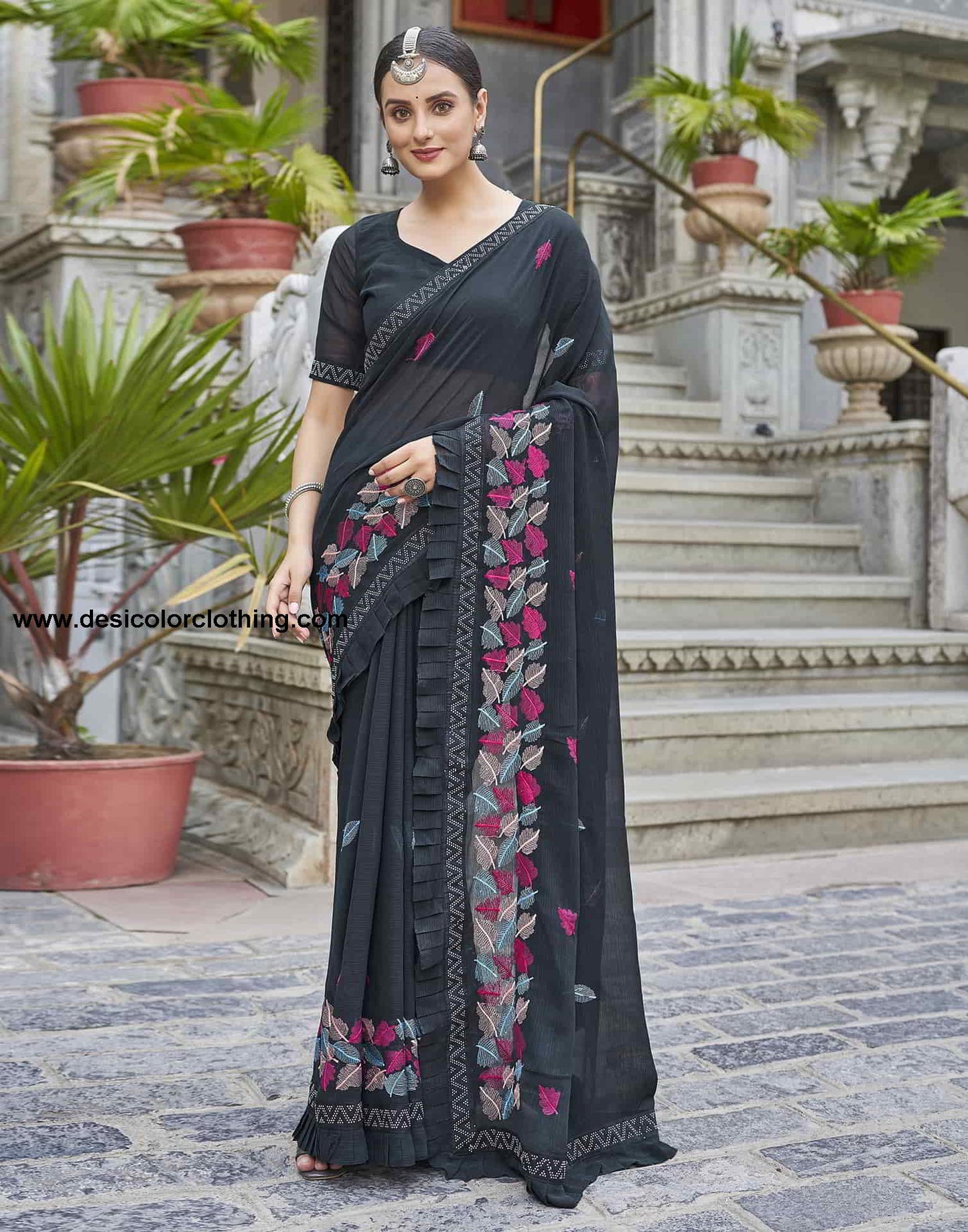 Blue Embroidery Georgette Stone Work Saree
