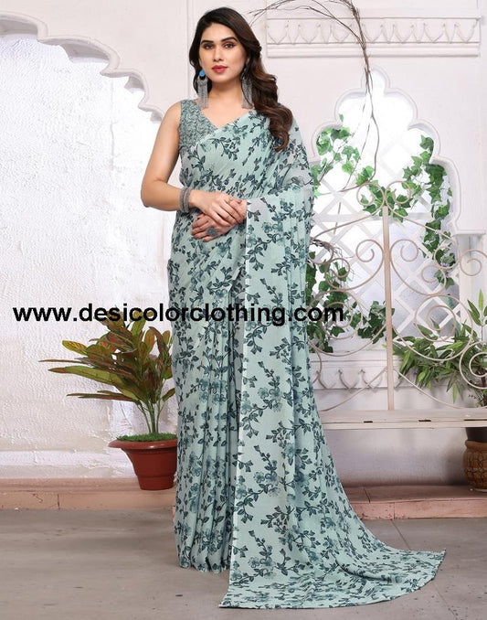 Sea Green Georgette Floral Printed Saree