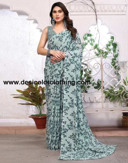 Sea Green Georgette Floral Printed Saree