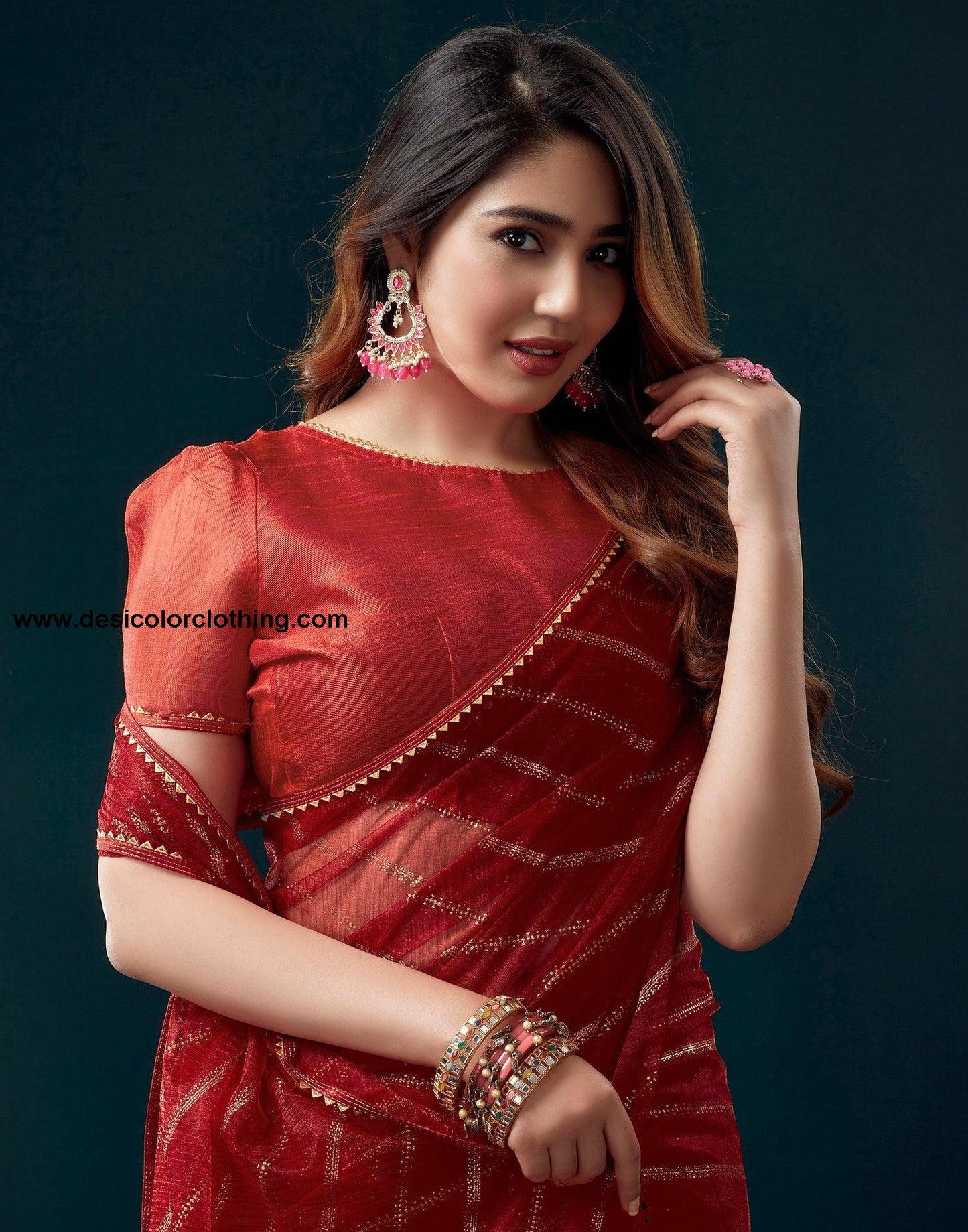 Red Net Plain Saree