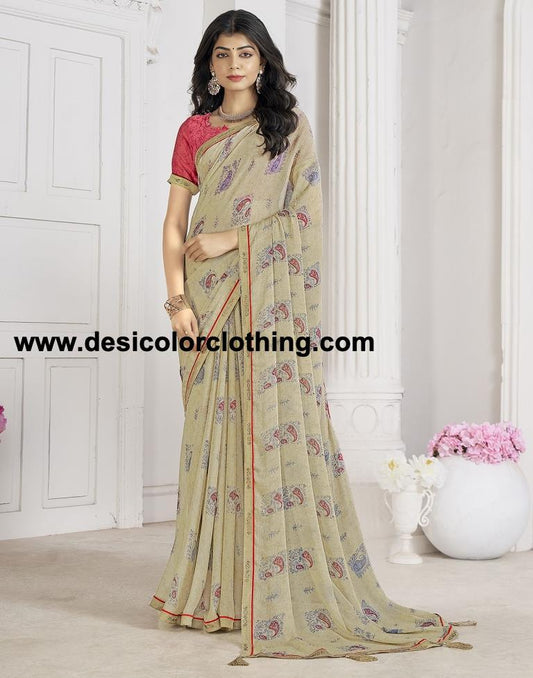 Dark Beige Chiffon Printed Saree