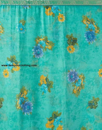 Turquoise Printed Chiffon Saree