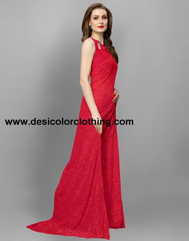 Red Coloured Russell Net Partywear saree