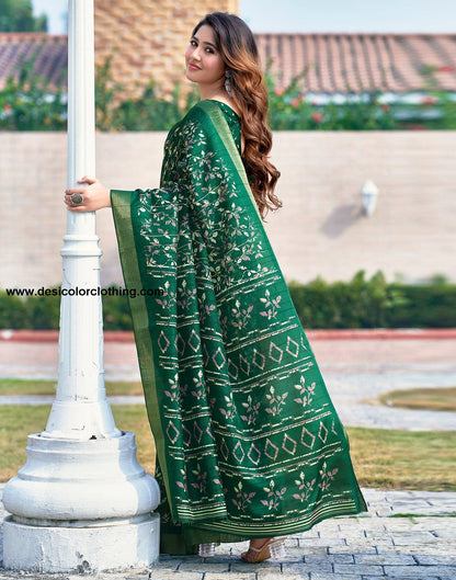 Bottle Green Silk Printed Saree