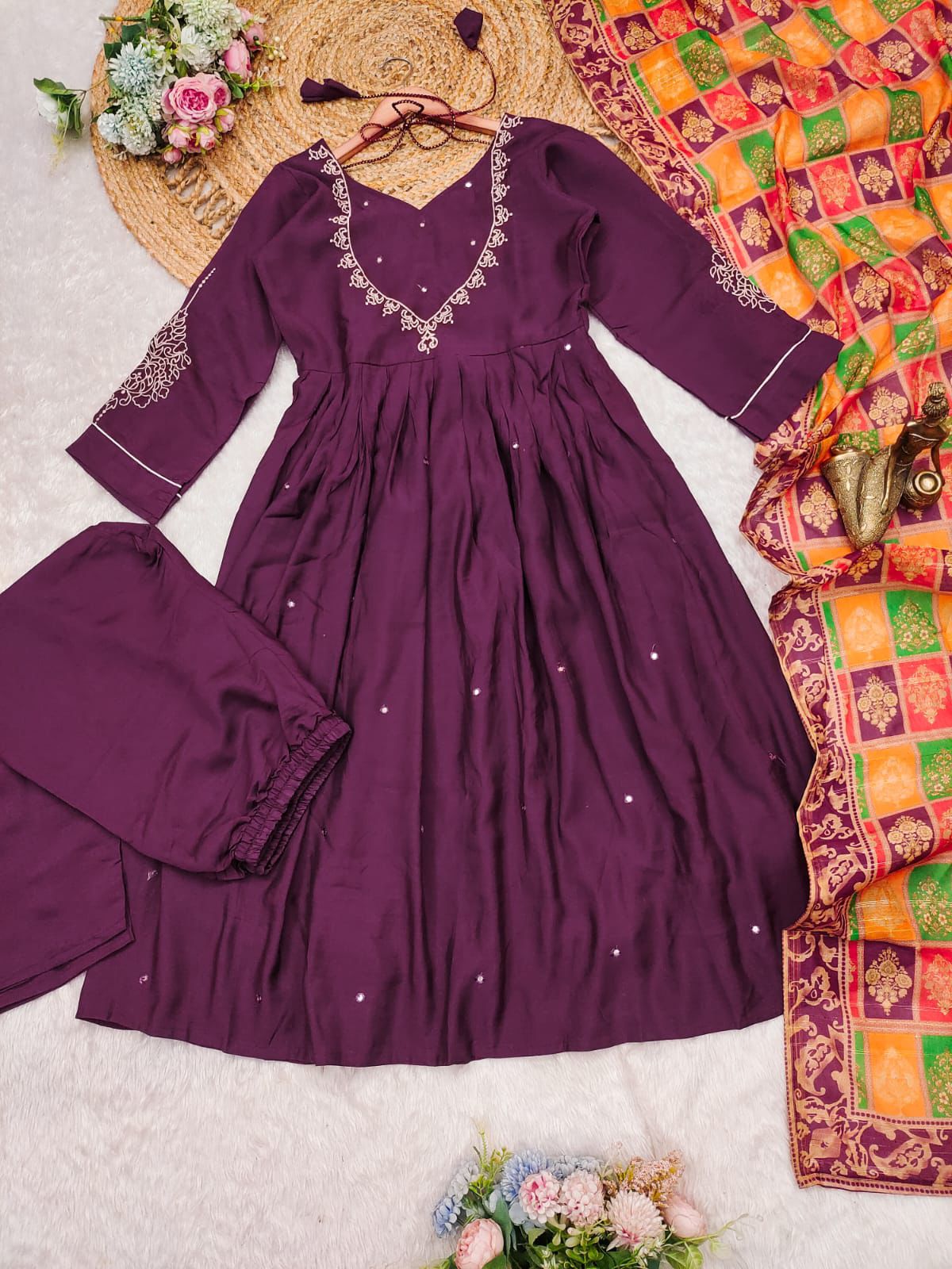 Product Image - Designer Wine Roman Silk Festive Wear Suit | Mahant Collection 2025