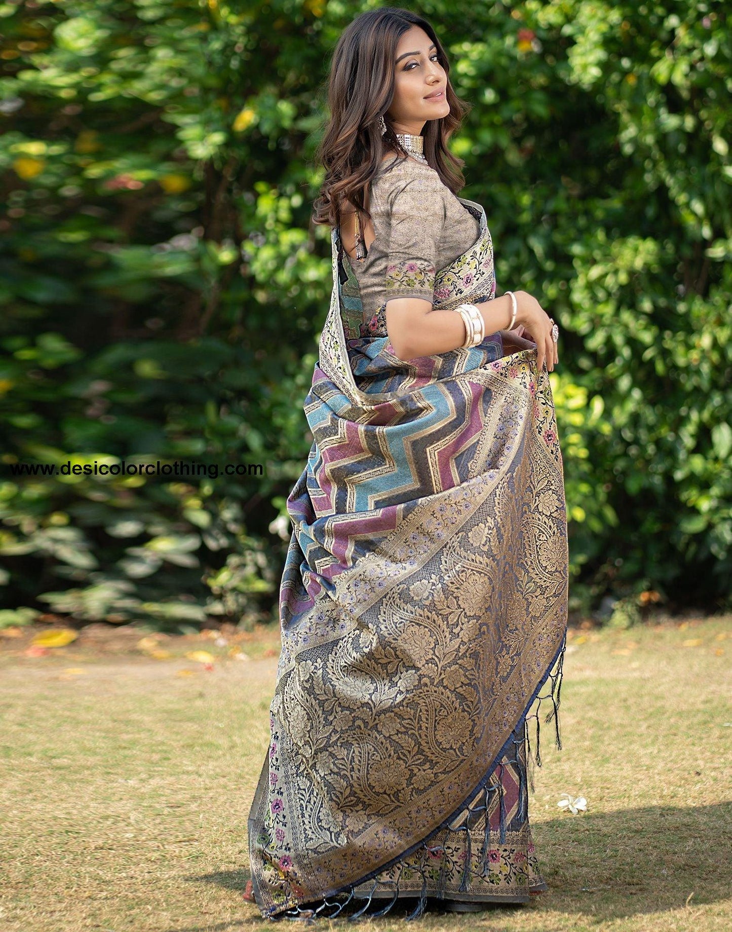 Steel Blue Jacquard Organza Saree
