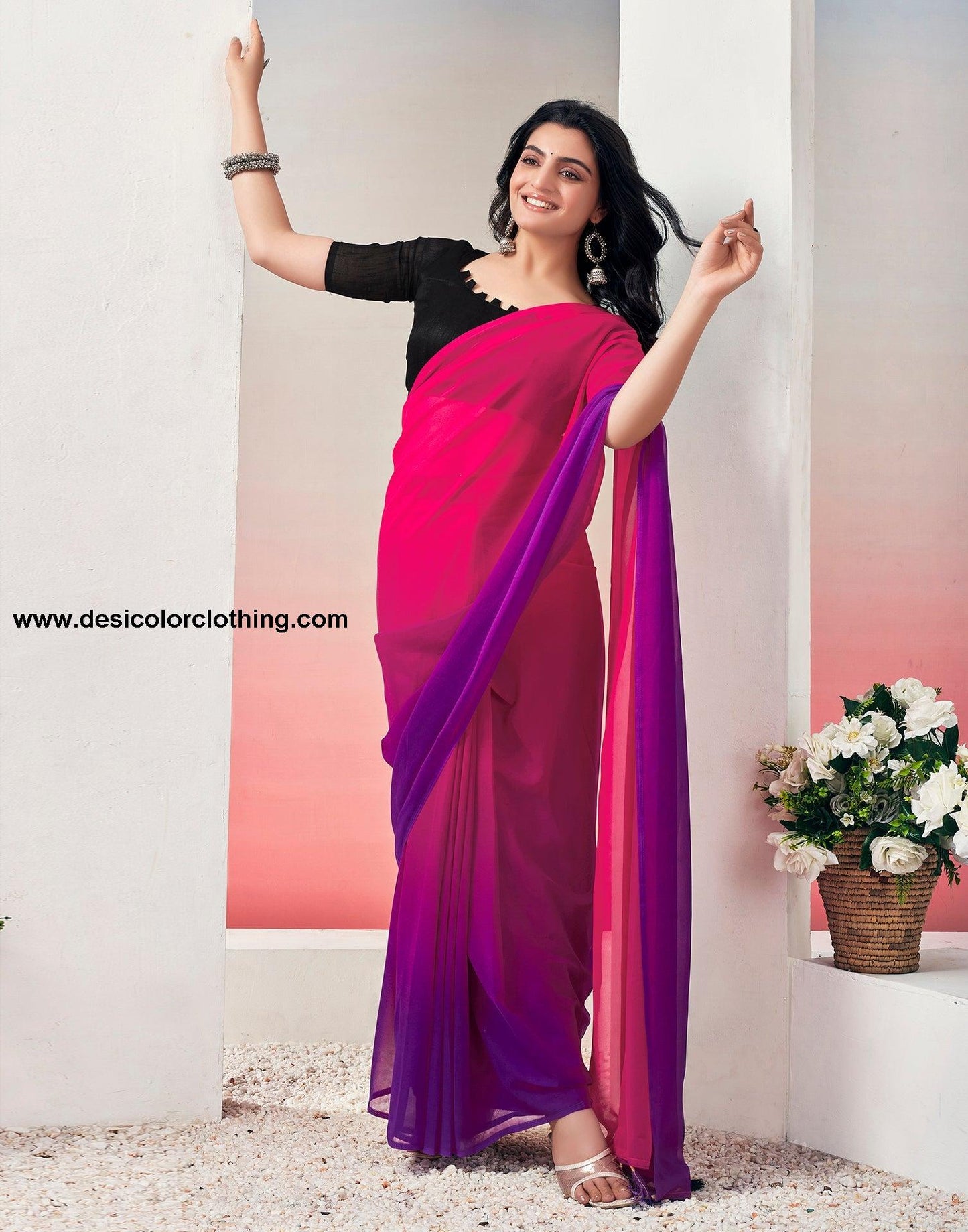 Pink Georgette Plain Ready to Wear Saree