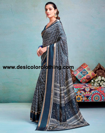 Dusty Blue Silk Printed  Saree