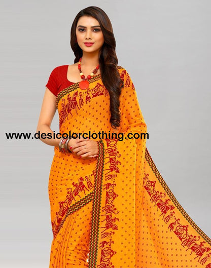 Yellow Printed Chiffon Saree