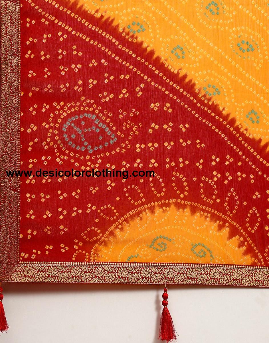 Yellow And Red Bandhani Saree