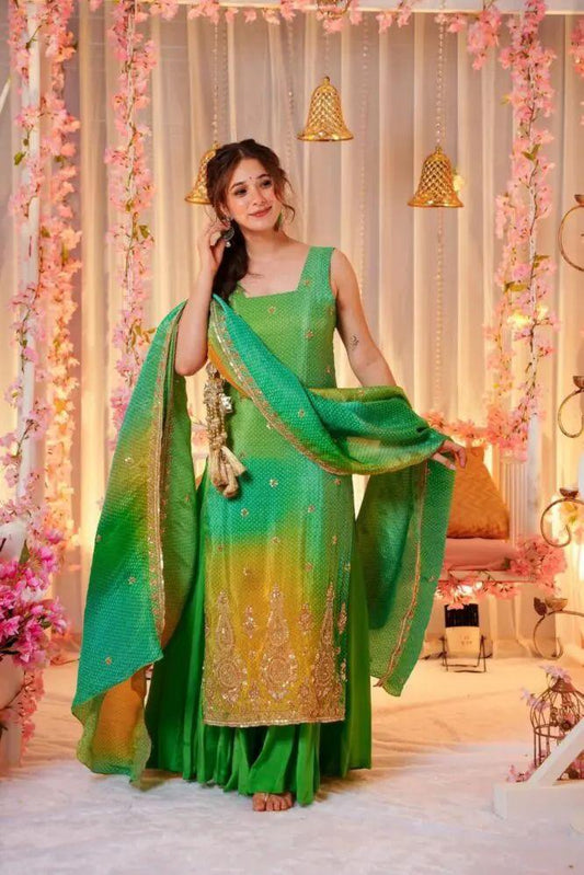 Product Image - Elegant Green Bandhej Print Suit with Beadwork | Designer Festive Wear