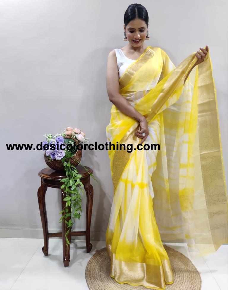 Yellow Organza Printed Saree