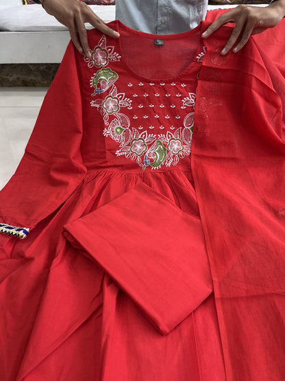 Product Image - Designer Cotton Anarkali Suit Set with Embroidered Dupatta - Festive & Wedding Wear