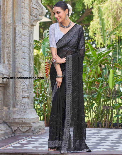 Black Swarovski Georgette Stone Work Saree