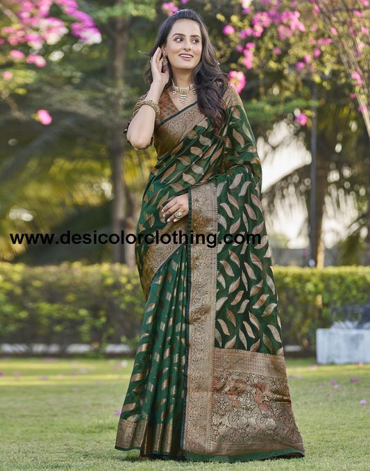Dark Green Organza Plain Saree