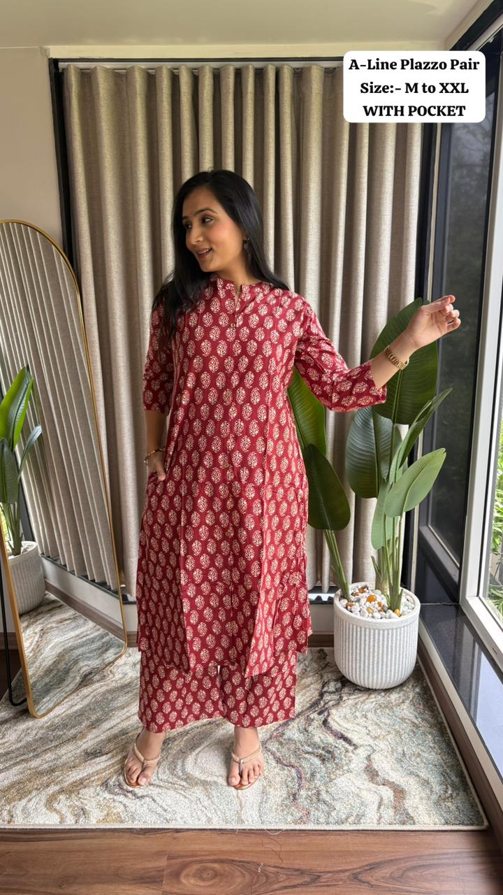 Product Image - Ajrakh Print Cotton Kurti Plazzo Set
