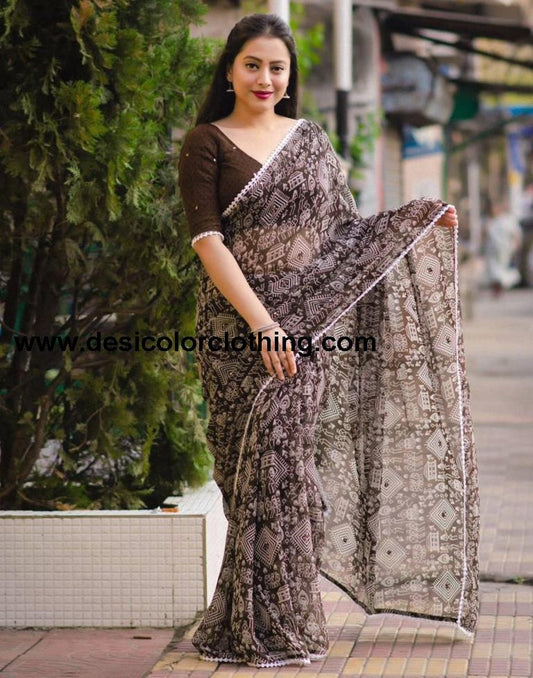 Brown Georgette Printed Saree