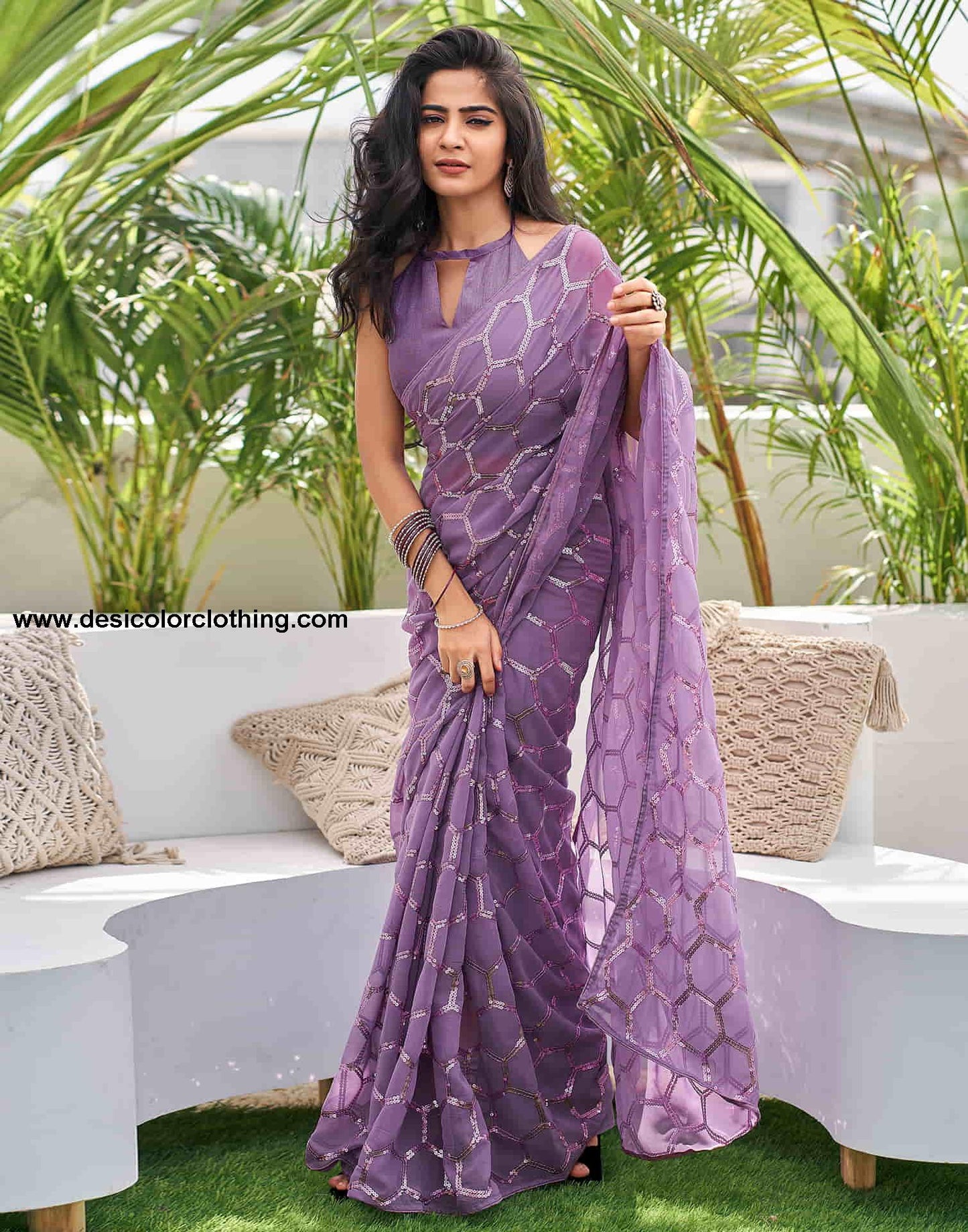 Dusty Lavender Georgette Sequence Saree