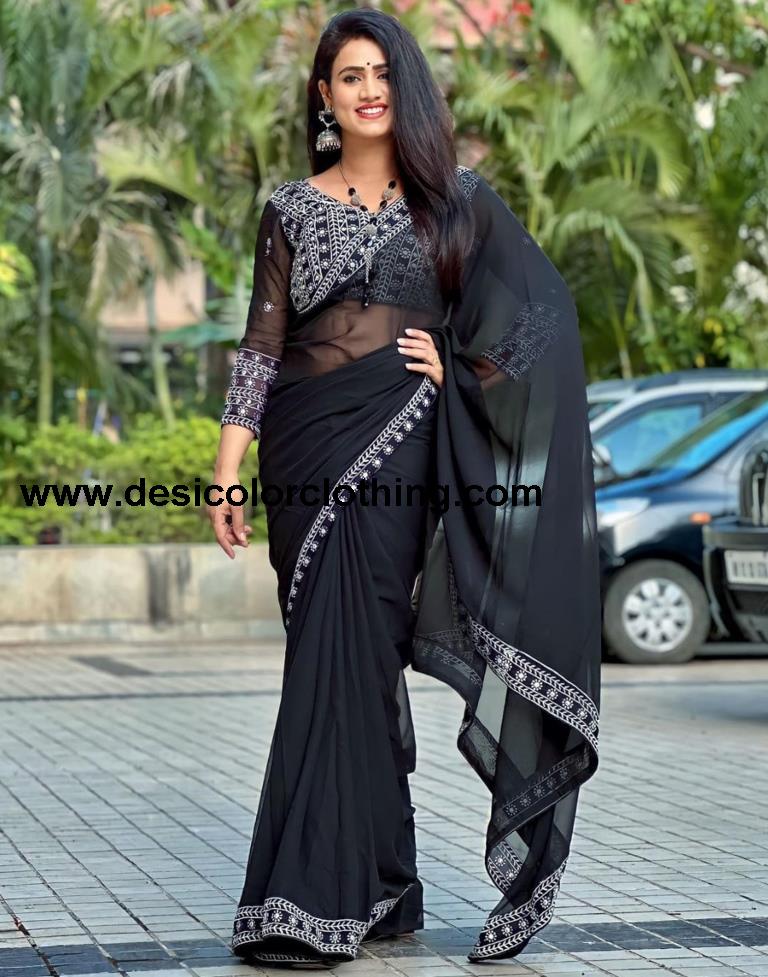 Black Georgette Plain Saree
