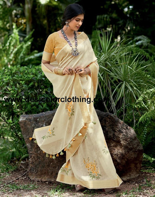 Cream Cotton Printed  Saree