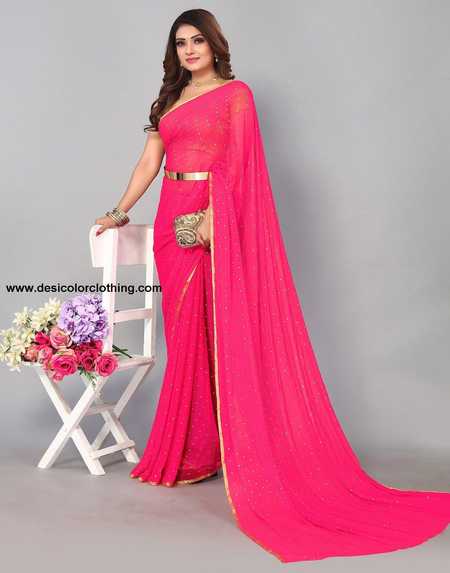 Pink Chiffon Plain Saree