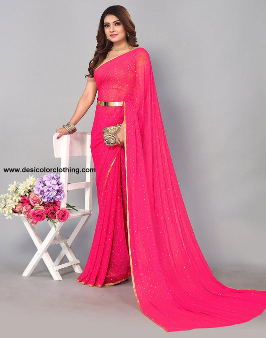 Pink Chiffon Plain Saree