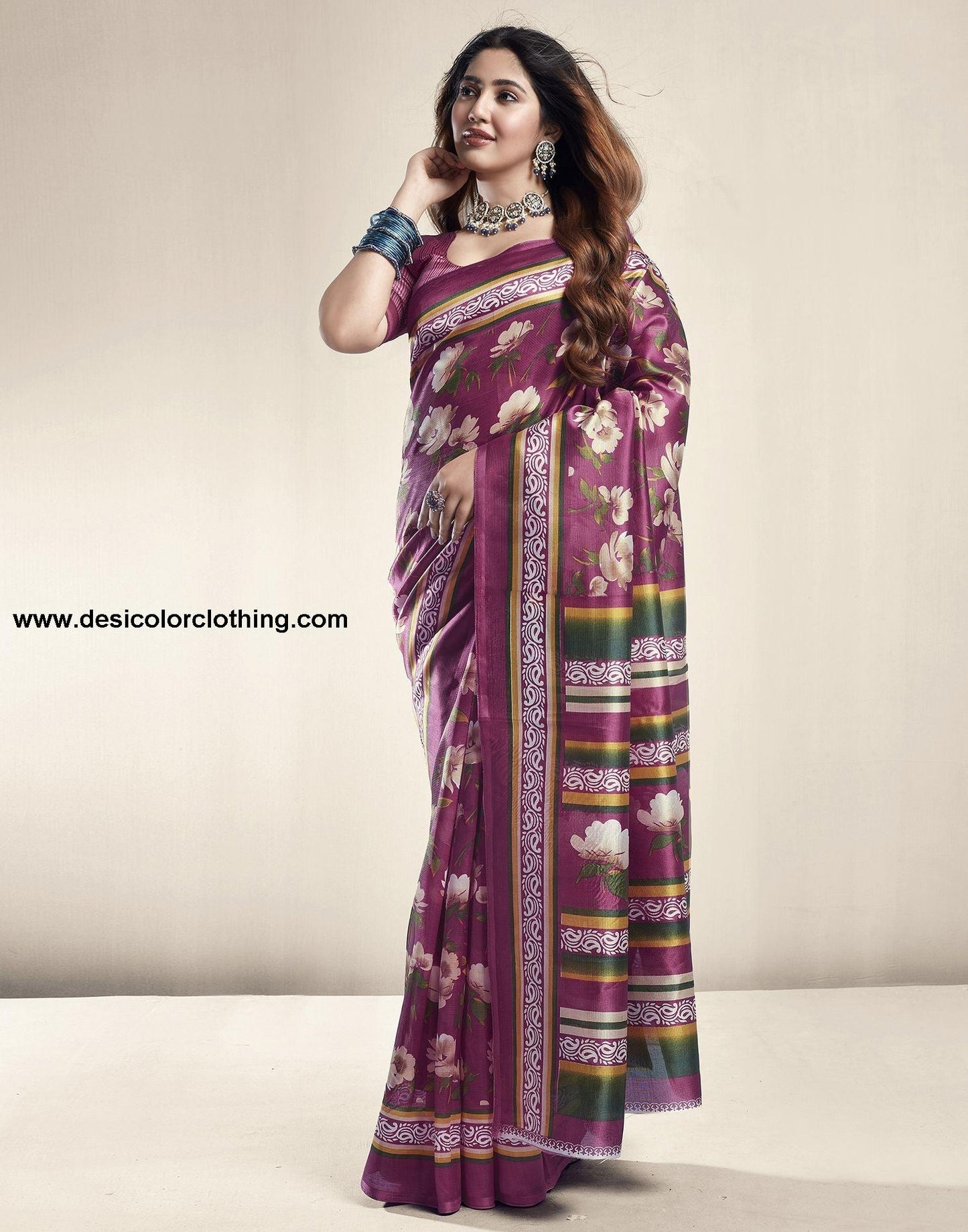 Raspberry Pink Floral Silk Saree
