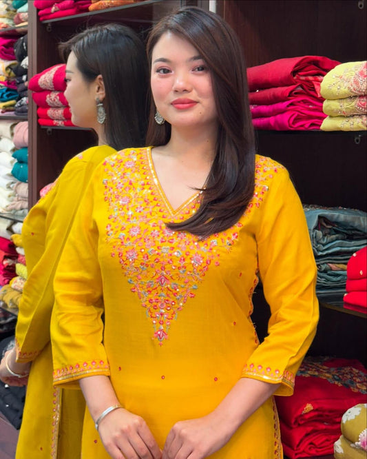 Product Image - Elegant Embroidered Kurti Set – Premium Banana Silk in 3 Stunning Colors