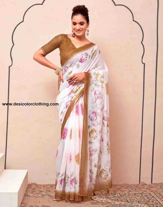 White Cotton Printed Saree
