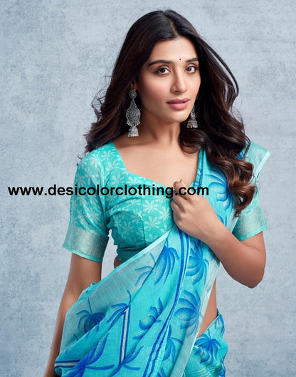 Turquoise Linen Printed  Saree