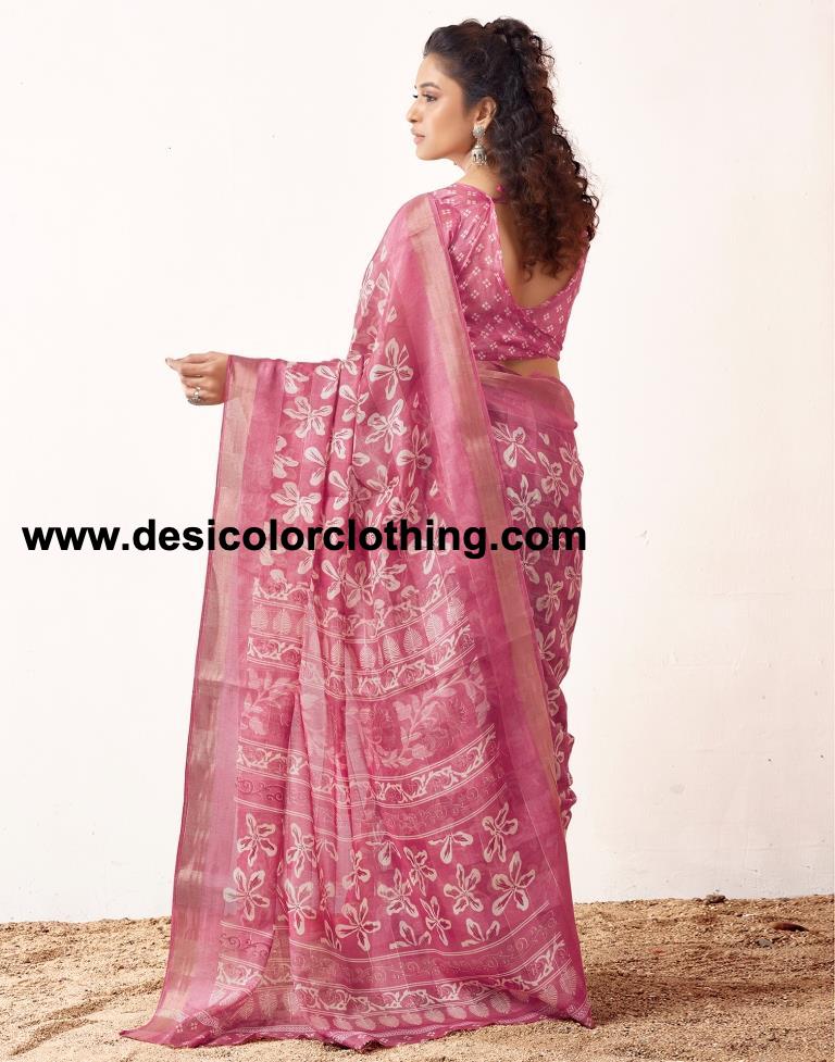 Pink Cotton Printed Sarees