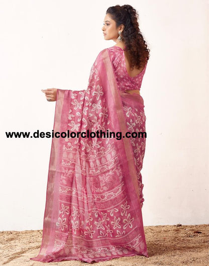 Pink Cotton Printed Sarees