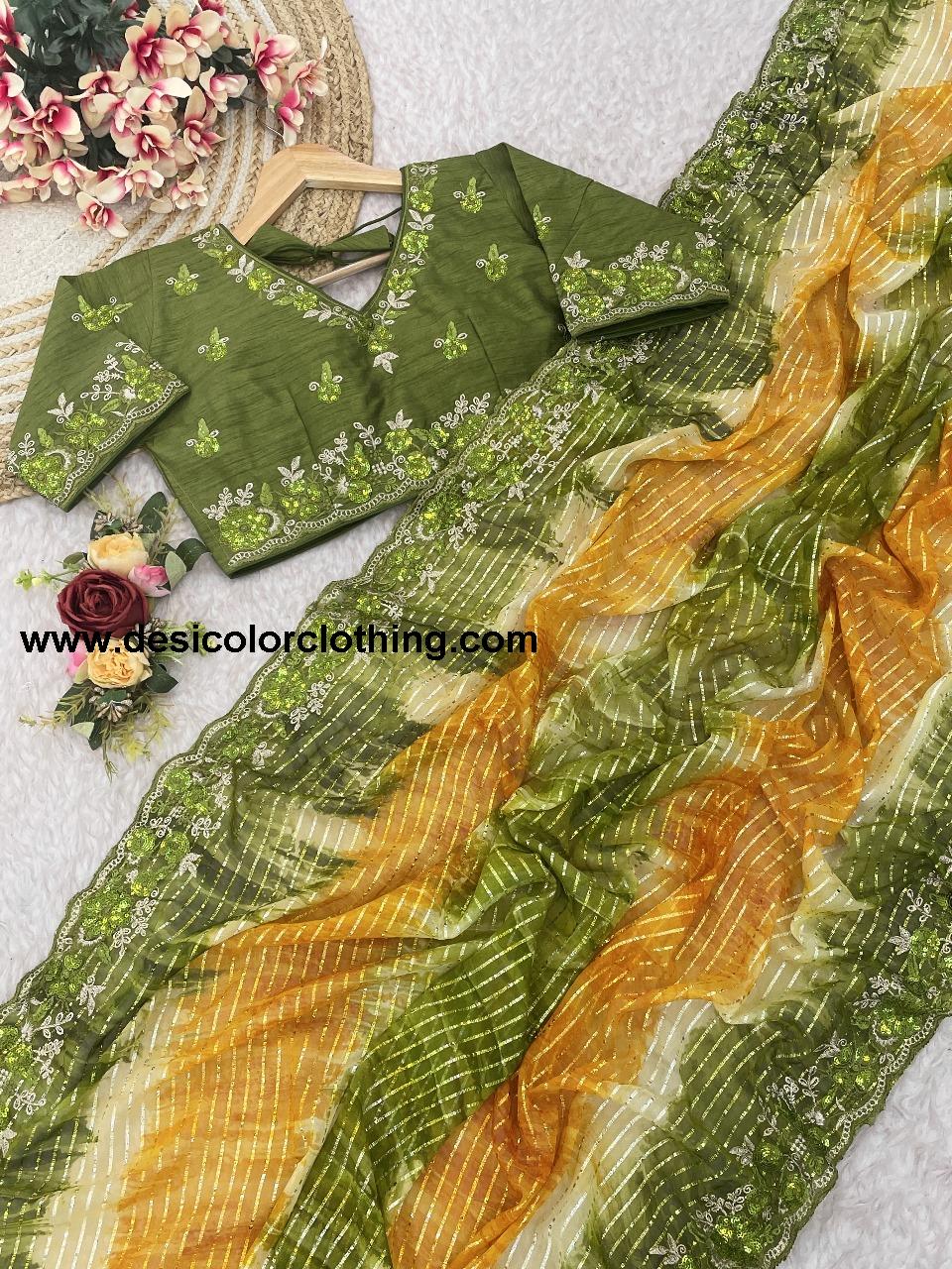 Pure Soft Georgette Sarees with Silver Weaving lining Nd Prisam Print With Heavy Embroidery Threads Sequence Ton to Ton work border aarco*