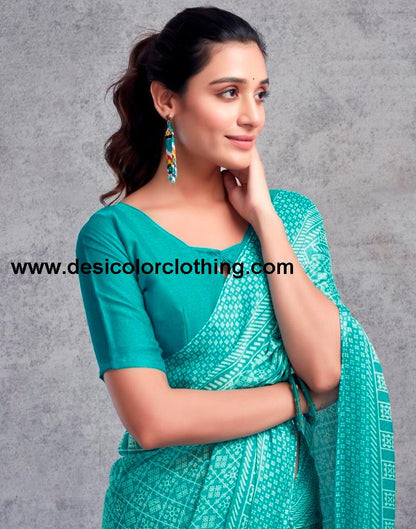 Turquoise Chiffon Printed  Saree