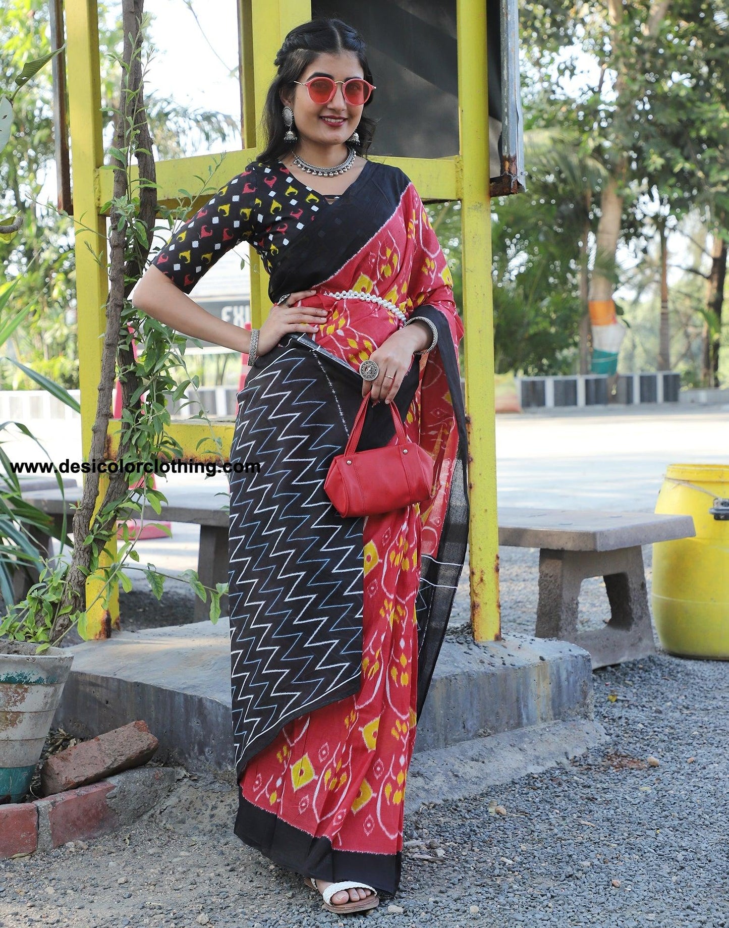 Dusty Red Cotton Printed Saree