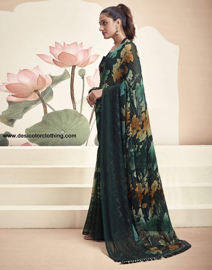 Teal Georgette Printed Saree