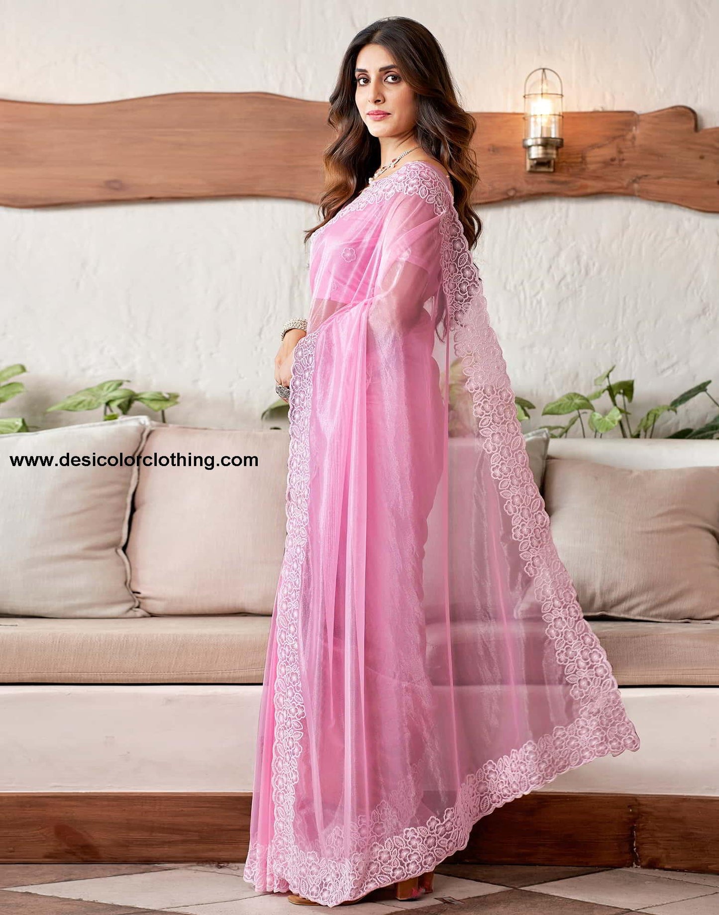 Pink Embroidery Organza Saree