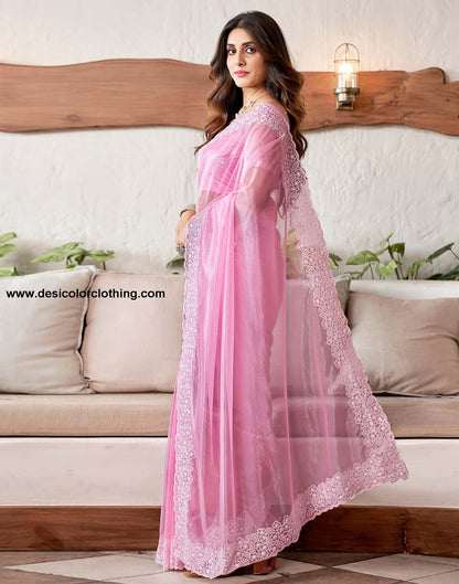 Pink Embroidery Organza Saree