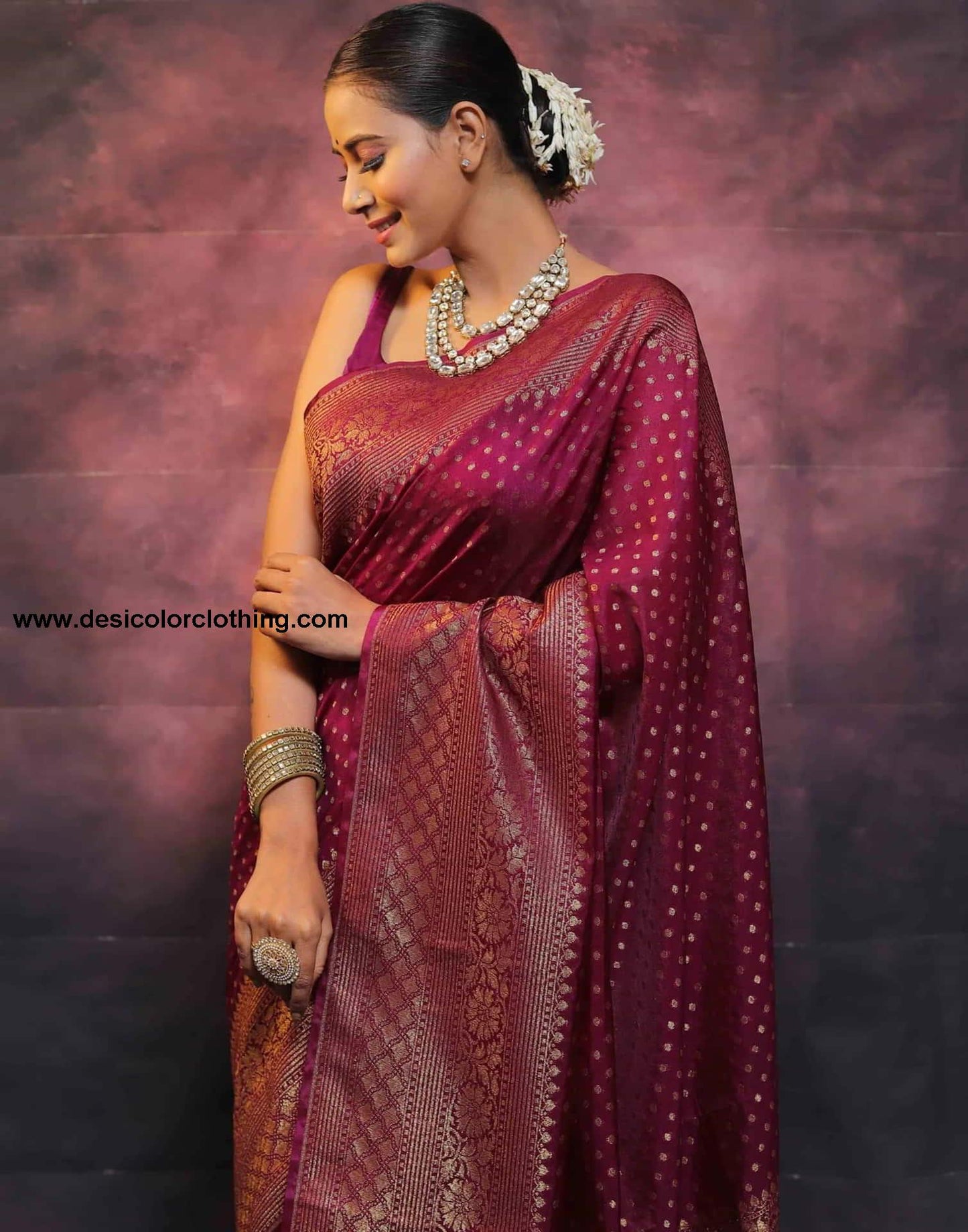 Wine Banarasi Silk Woven Saree