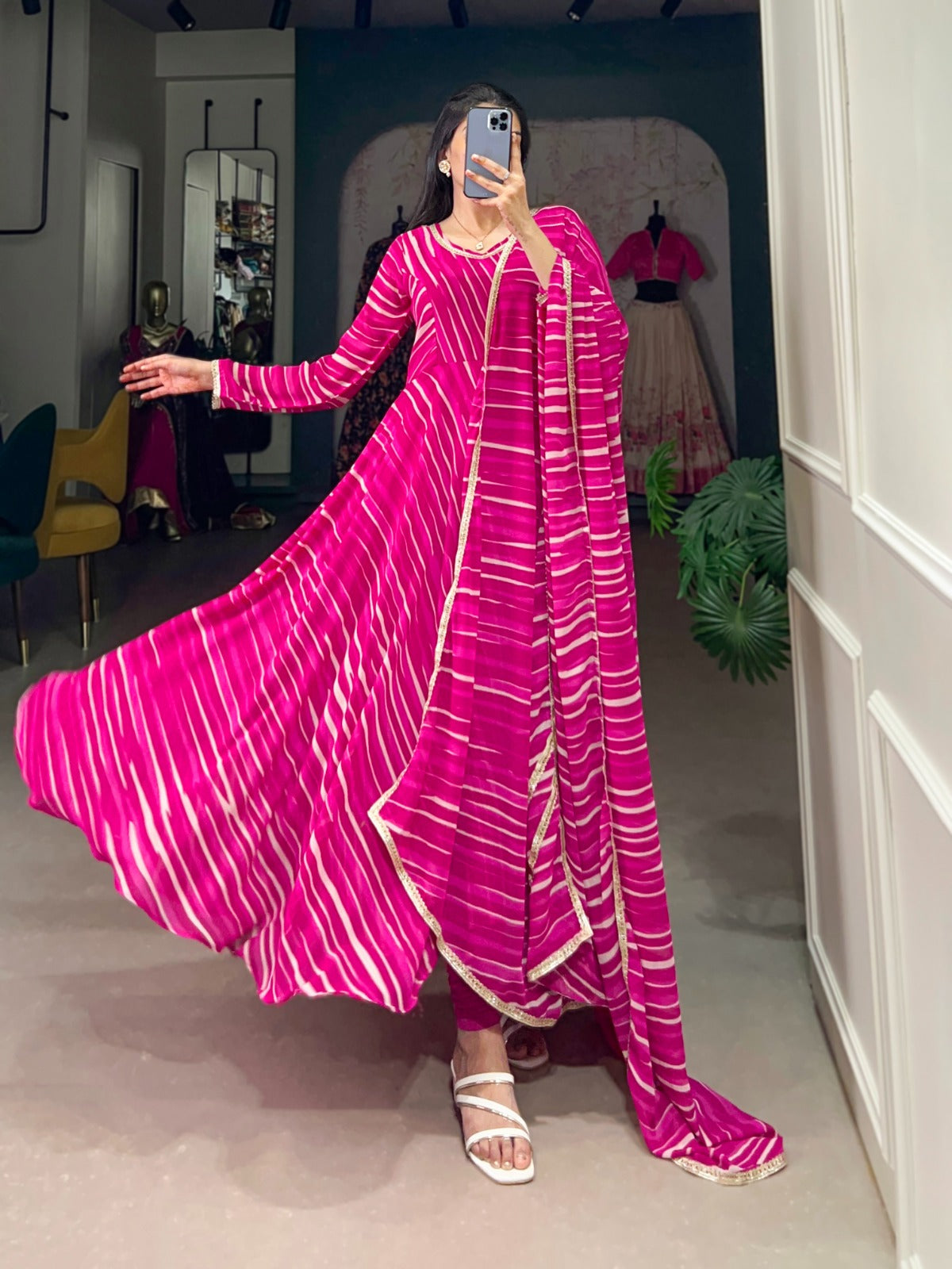 Product Image - Elegant Georgette Gown with Leheriya Print - Festive Wear