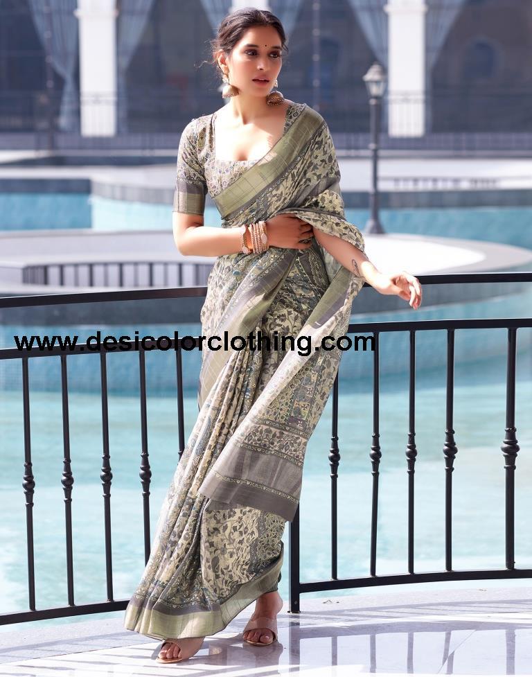 Beige Silk Printed Saree