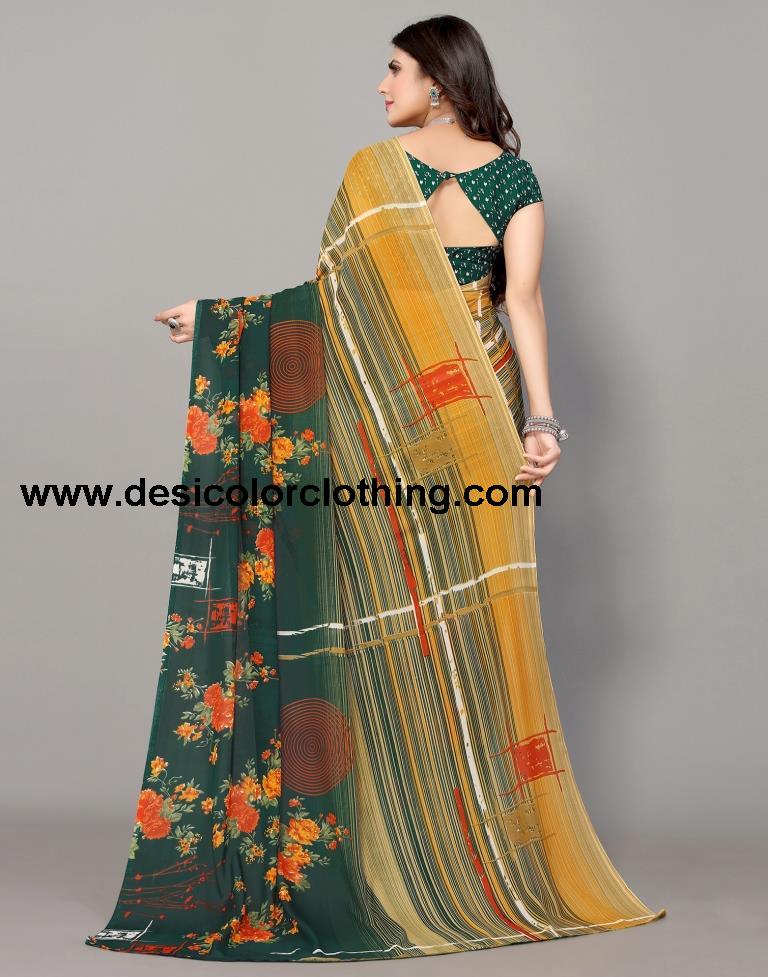 Dark Green And Beige Printed Saree