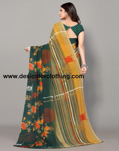 Dark Green And Beige Printed Saree