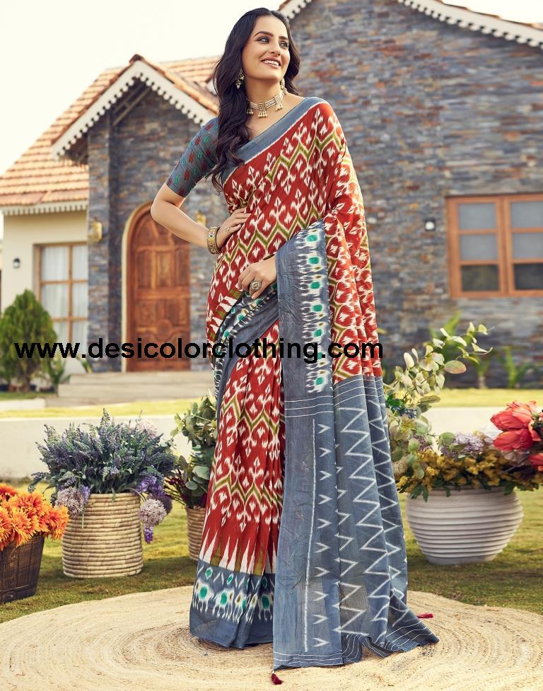 Rust Cotton Printed Ready To Wear