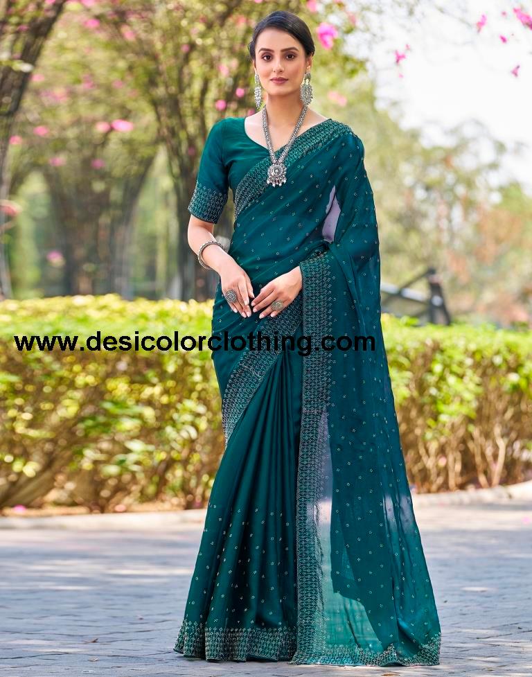 Rama Blue Georgette Plain Saree