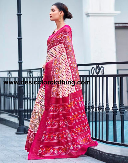 Pink Cotton Printed Saree