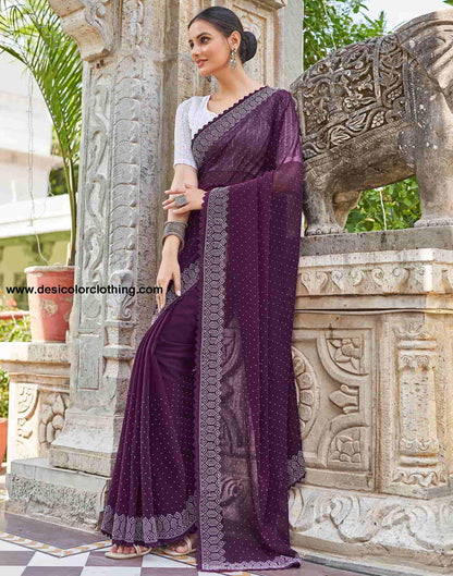 Wine Swarovski Georgette Stone Work Saree