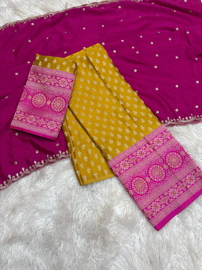 Product Image - Exquisite Pongal Special Designer Saree with Banarasi Border and Chiffon Dupatta - Festive Wear