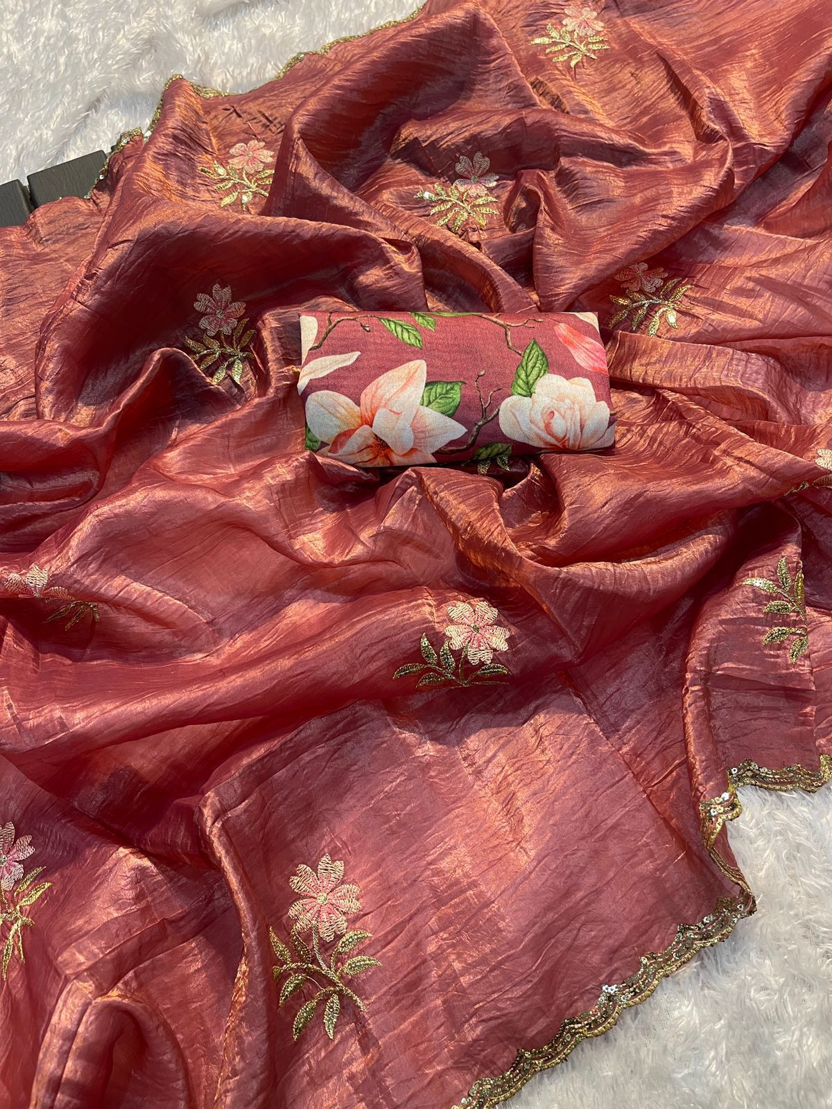 Product Image - Designer Gold Crush Tissue Saree with Multi-Embroidery for Festive Wear