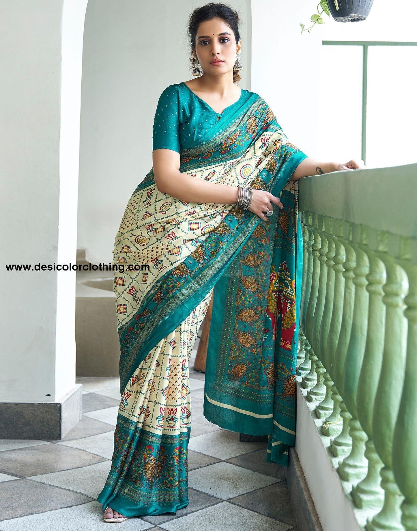 Rama Green Printed Silk Saree